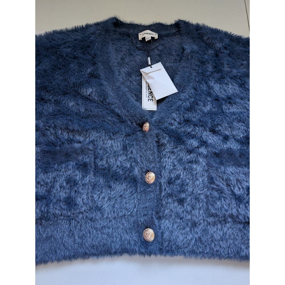 NWT L'Agence Harriet Fuzzy Knit Blouson Sleeve Cardigan Size L Indigo #3C509 - Picture 5 of 12